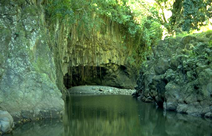 cave entrance from a river